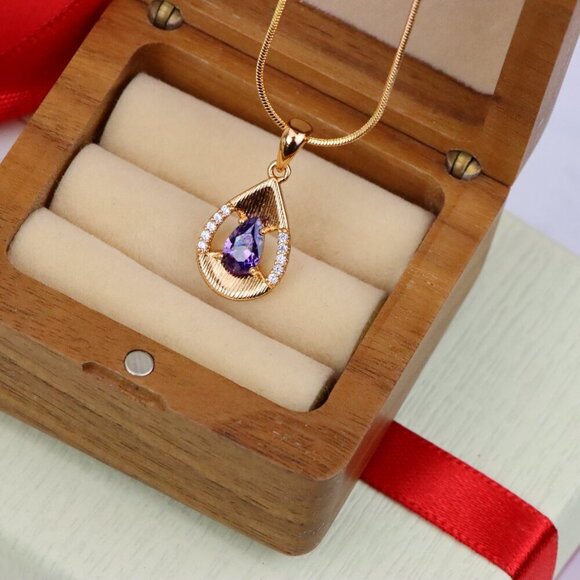 "Teardrop Purple Pendant with Dazzling Accents in Gold Finish, XPPT1690 - Picture 8 of 13